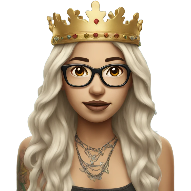 Hyperrealistic girl with long hair wearing a crown and glasses tattoos laptop emoji