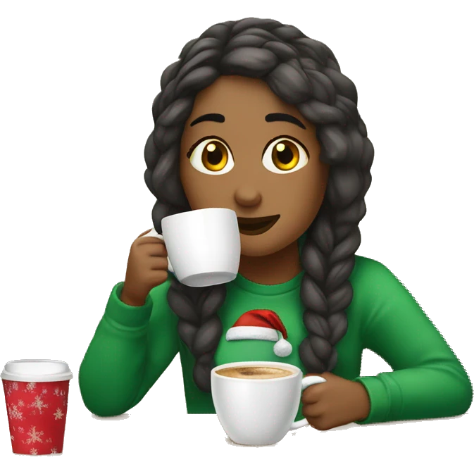 Girl drinking a coffee in a Christmas ￼ emoji