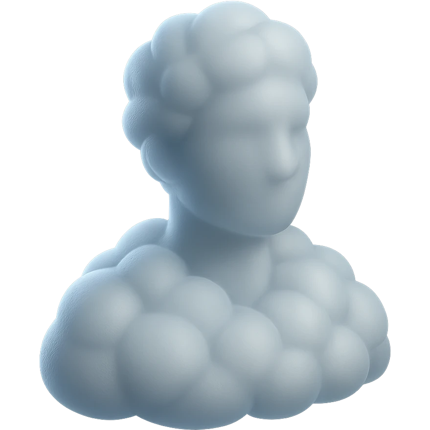 person looking straight, shoulders up, body and head made of white fluffy convex clouds, matte glass style, volumetric and soft clouds, no background emoji