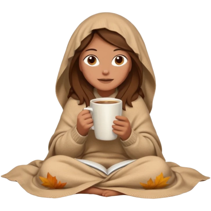 brown hair woman sitting under beige blanket, with a blanket over his head, holding cup of coffee, autumn mood emoji