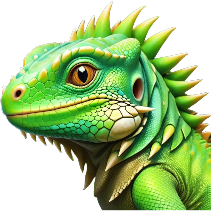 Cinematic Cute Iguana Portrait Emoji, Head tilted playfully and inquisitively, featuring a delightfully vibrant, textured body with a subtle spiky crest and large, sparkling eyes full of gentle wonder, Simplified yet irresistibly adorable features, highly detailed, glowing with a warm, inviting jungle glow, high shine, affectionate and lively, stylized with a touch of whimsical reptilian charm, soft glowing outline, capturing the essence of a mischievous yet loving iguana that seems as if it could scurry out of the screen into your arms! emoji