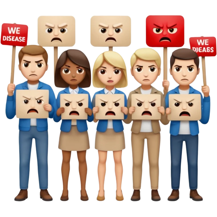 a crowd of people with angry faces and holding placards that read: we disagree emoji