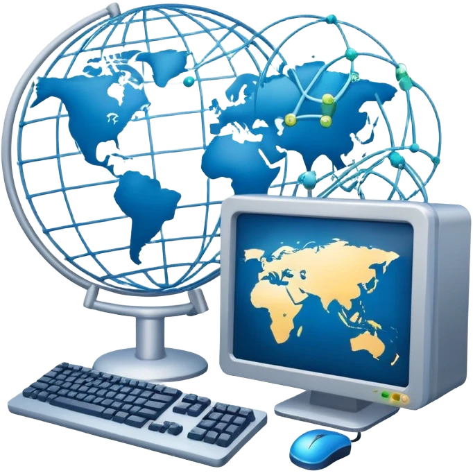 An icon featuring a computer monitor displaying code, a globe with network nodes, and a circuit board, symbolizing IT. The design includes data streams, cloud storage, and a keyboard, representing digital innovation, connectivity, and problem-solving. Transparent background emoji