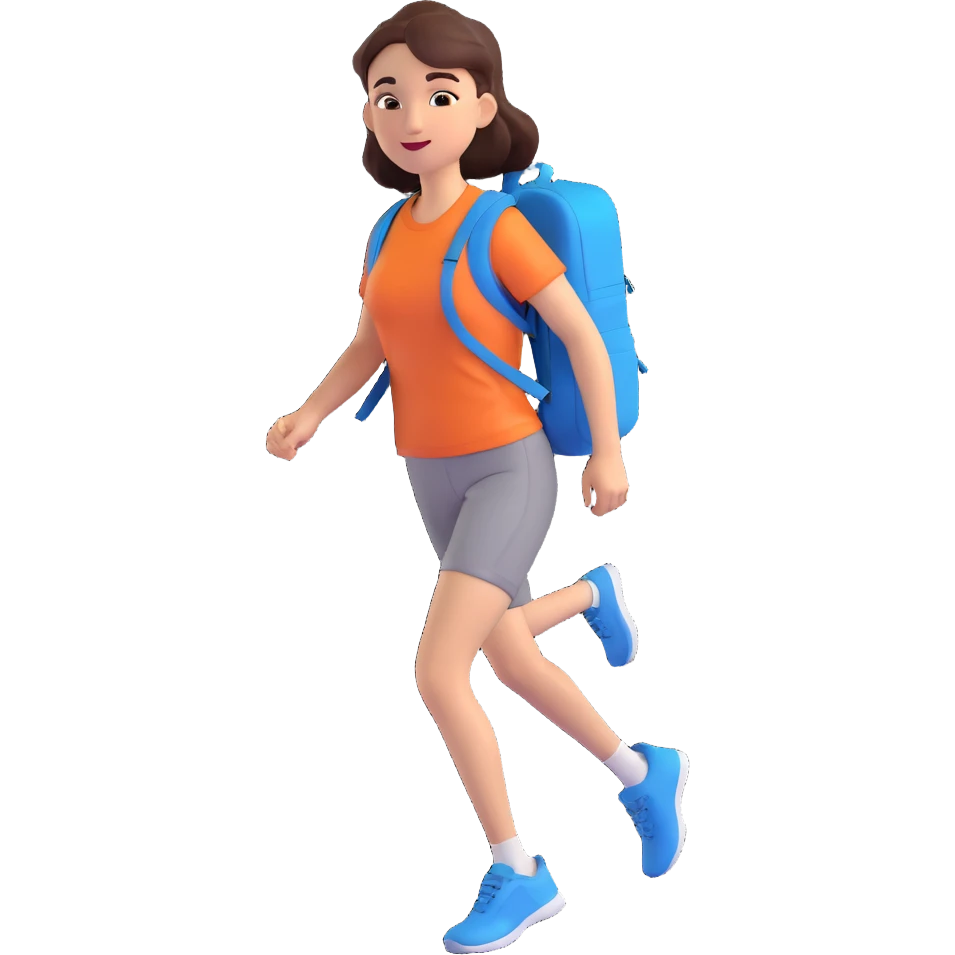 a woman walking with a backpack, sporty outfit, mid-stride, confident expression emoji
