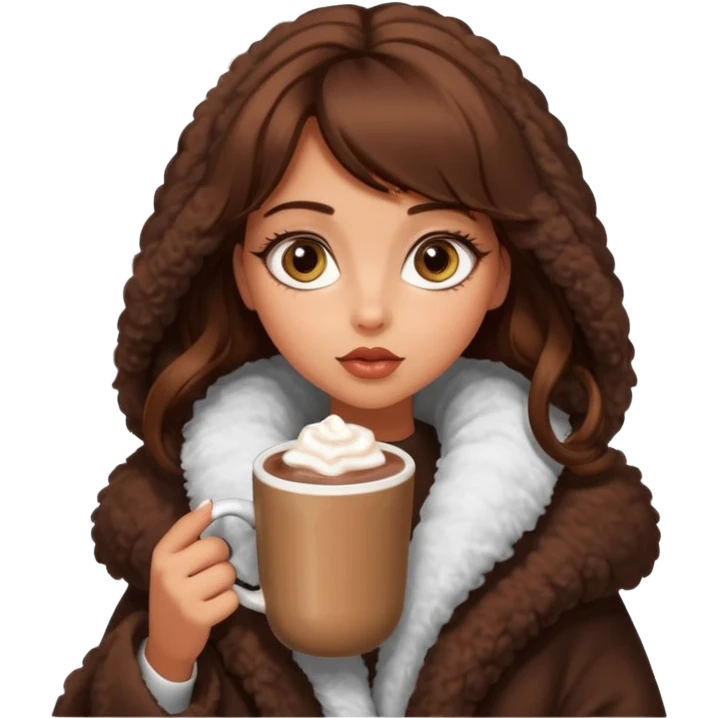 Tanned Girl with lashes , brown hair, in an extremely big fluffy oversized coat and hold hot chocolate drink and big eyes, big lip emoji