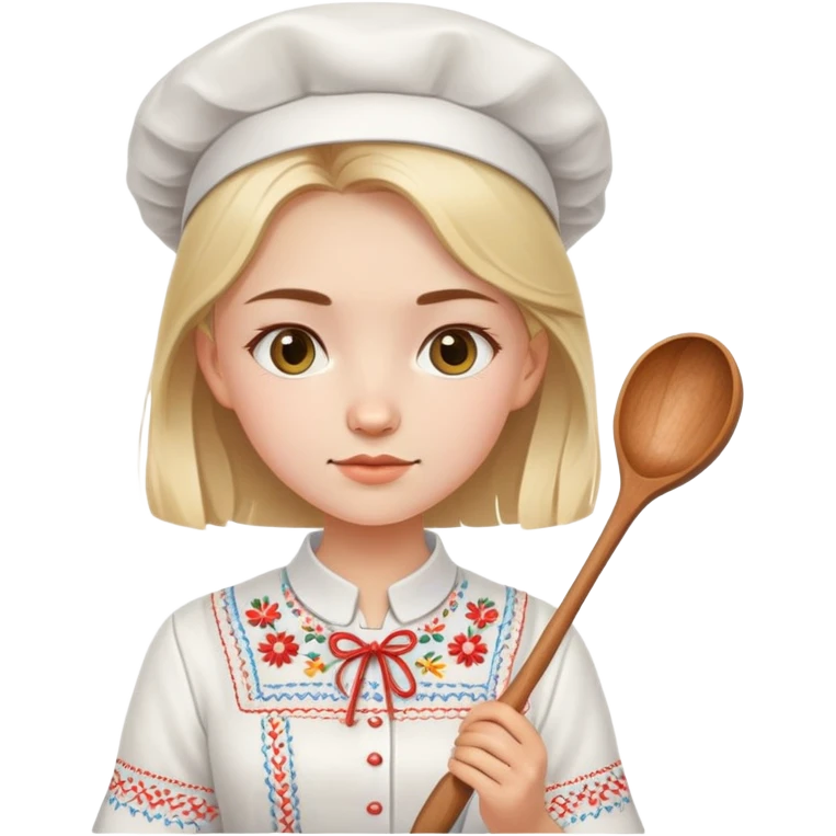 Ukrainian young girl in a white embroidered traditional shirt holding cooking tools like spoon and ladle emoji