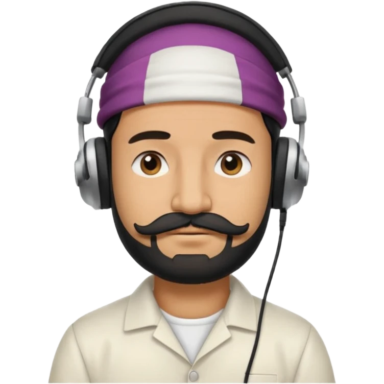 Half body man wearing white topi, lapray, black beard and moustache, headphones, eyes closed, realistic emoji style. emoji