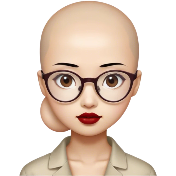Smile Asian girl with Beige skin small Eyes with slightly upturned corners Eyes slightly close together Dark brown pupils  Bald head, wearing transparent plastic frame glasses  , thin lips with  Dark red lipstick emoji