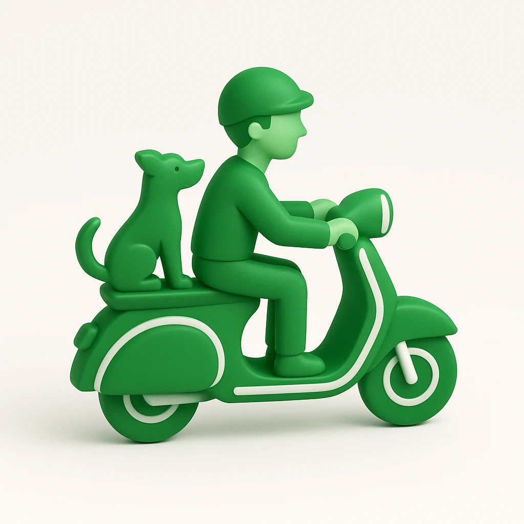 man and his pet dog riding a vespa emoji