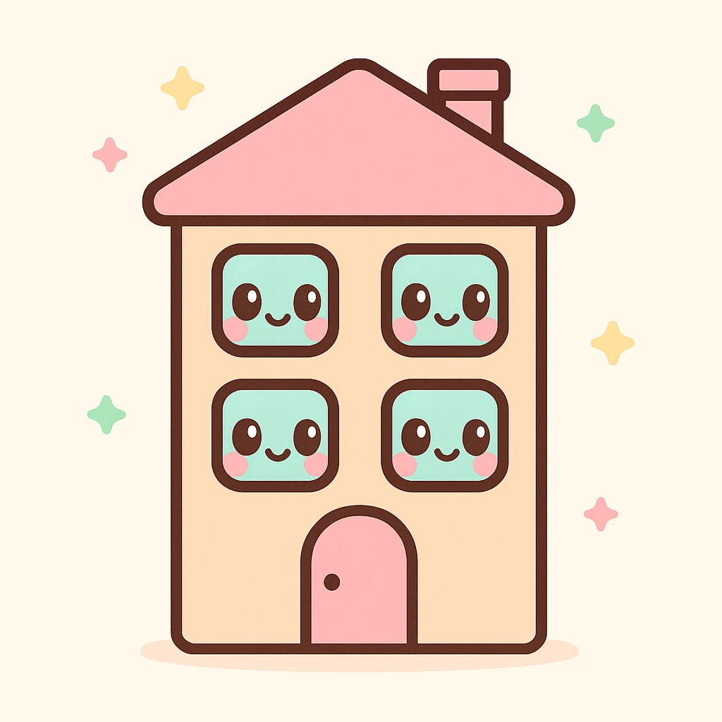 apartment building, kawaii chibi anime style, flat pastel colors, thick outlines, simple cute features, with smiling windows emoji