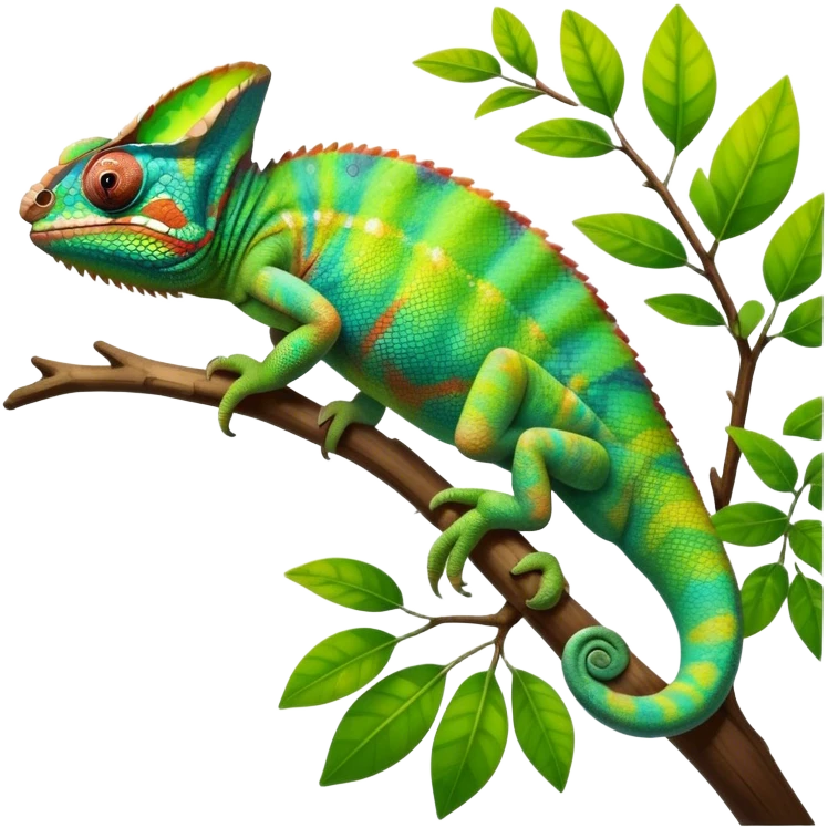Giant Chameleon blending into natural surroundings, perched on a branch. Its vibrant colors shift with the environment. Lush greenery, branches, and soft sunlight create a peaceful, nature-filled background. Transparent background, showcasing the chameleon's colorful, textured skin. emoji