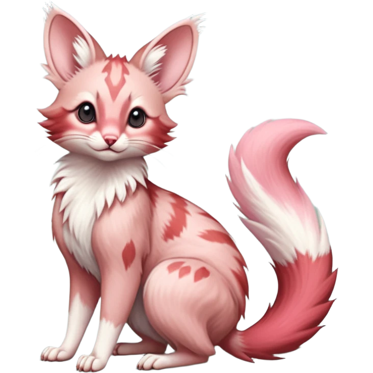 Pastel Pink, red-pointed, soft natural realistic romantic vintage antique divine beautiful elegant pretty precious cute young youthful  Fakémon-Pokémon-opossum-feline-mouse-serval-caracal-chinchilla-Minccino-Cinccino-Meowstic-rodent-hybrid-creature with a big fluffy bushy tail (full body) emoji