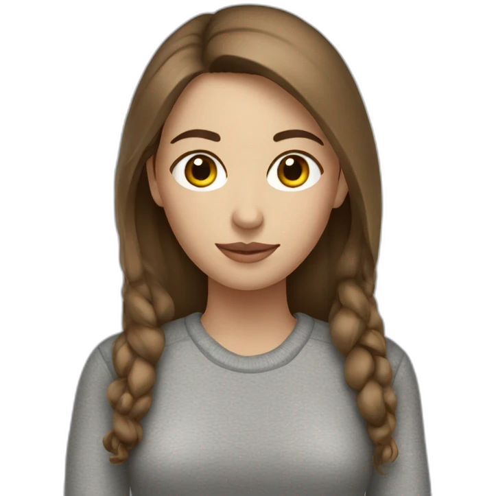 A woman with a white skin, brown hair and a gray pull over emoji