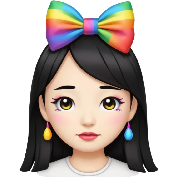 asian emoji face with long hair with bad thick black eyeliner and rainbow bow on head emoji
