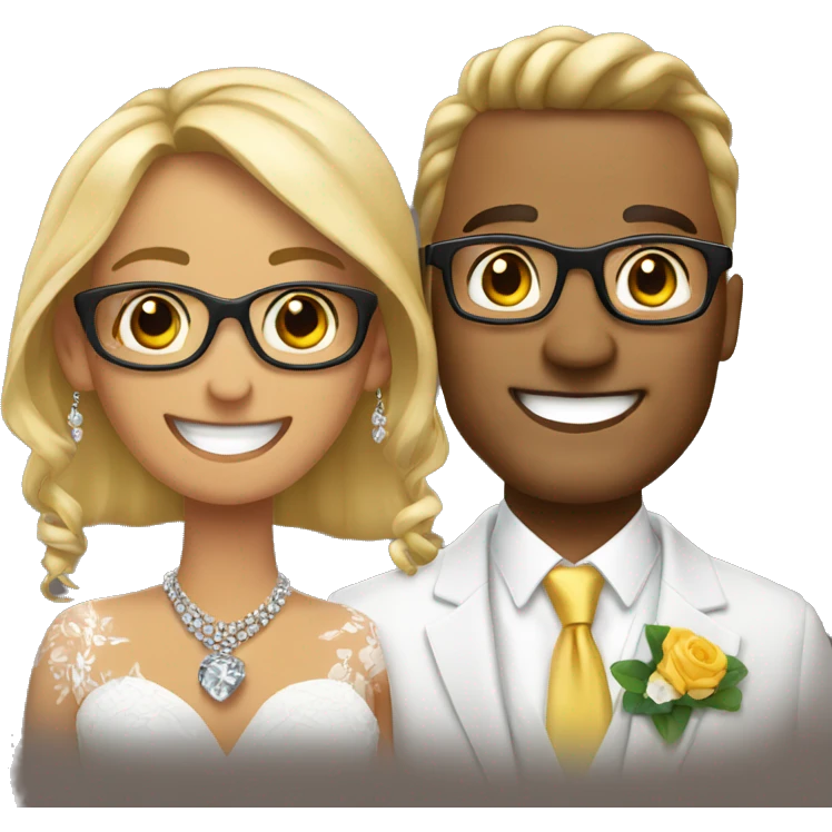 smiling couple with jewelry. Add glasses to the groom emoji