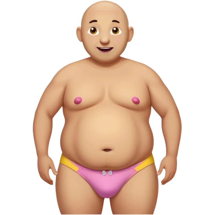 Old really fat and bald. This huge belly and really round pink nipples. has big ears and 2 long beaver like big yellow brown buck teeth. he has white saggy underwear with holes and yellow pee stains in front of underwear.   emoji