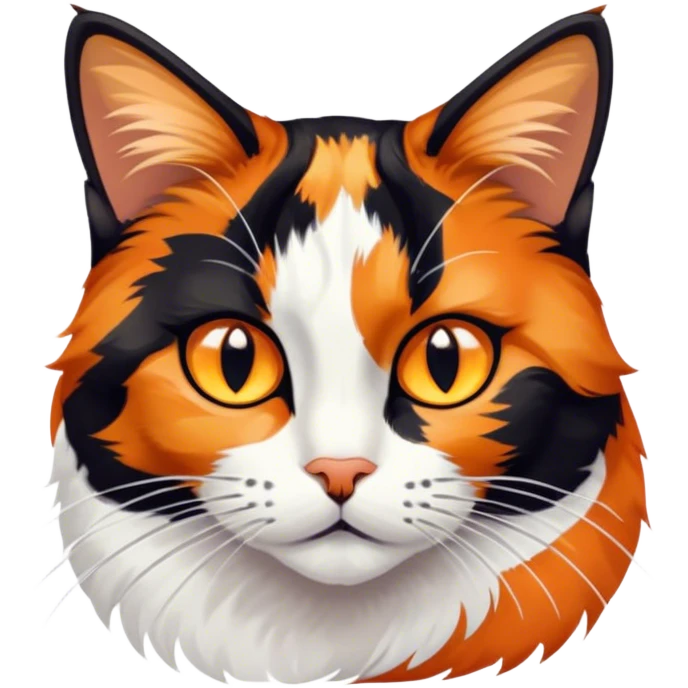 Cinematic Noble Calico Cat Portrait Emoji, Poised and regal, with a striking patchwork fur in vibrant orange, black, and white hues, delicate whiskers and a refined, focused gaze, simplified yet exquisitely detailed, glowing with a soft, moonlit radiance and an air of aristocratic elegance, high shine, exuding dignified intelligence and poised authority, soft glowing outline, capturing the essence of a watchful and noble calico cat that appears ready to grace the screen with effortless majesty! emoji