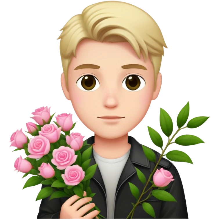 A cool bad boy with fair skin holding a bouquet of pink jasmine roses emoji