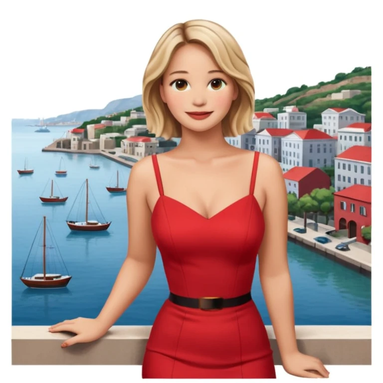 jennifer lawrence, red dress leaning on a balcony with a harbor and cityscape in the background, smiling emoji