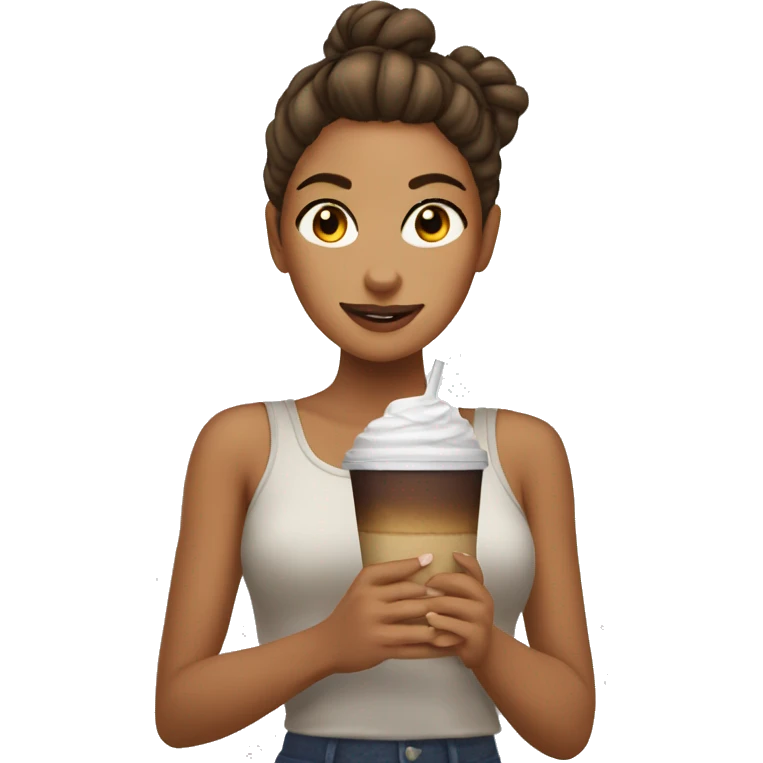 a tanned girl with a messy bun holding an ice coffe  emoji