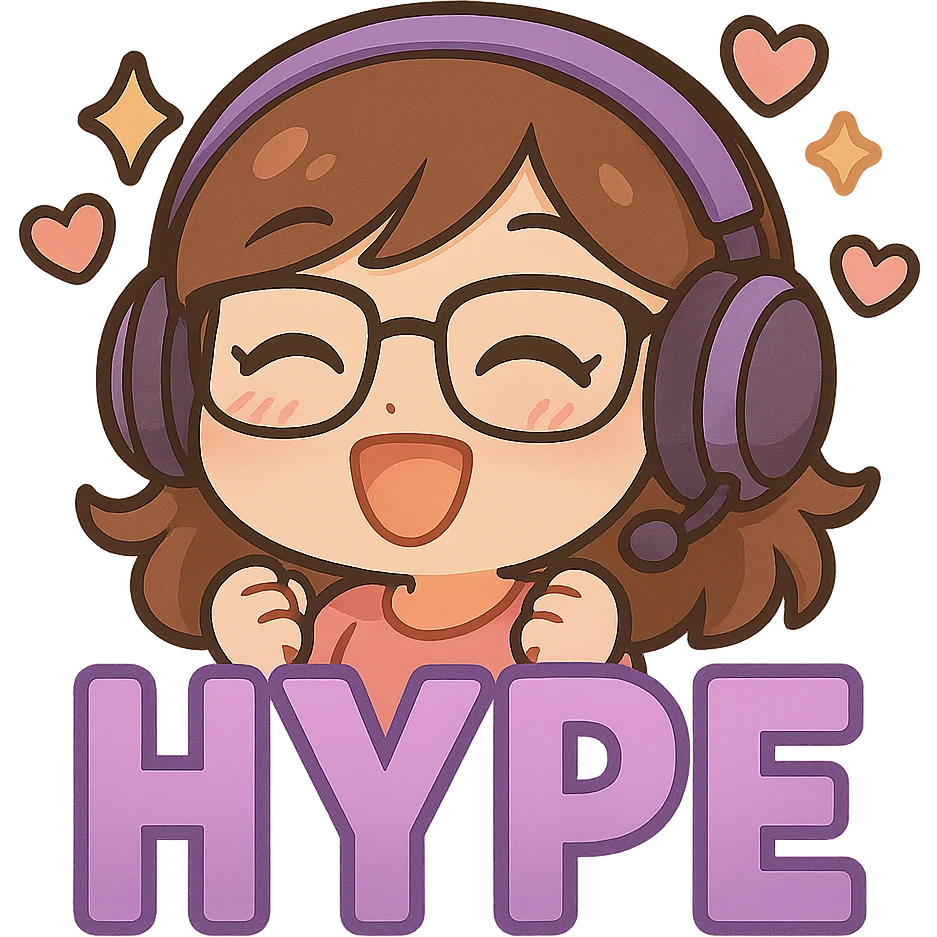 Resize the image to 112 by 112 pixels, keeping all details sharp and clear. Maintain the chibi style with purple gradient HYPE letters, cute details, purple headset, and glasses. Transparent background. emoji