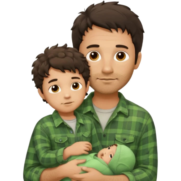 A father with messy medium-length dark hair and light stubble, wearing a green flannel shirt. He holds his child who has short curly brown hair and a cream-colored romper. Cozy warm lighting, authentic family moment. emoji