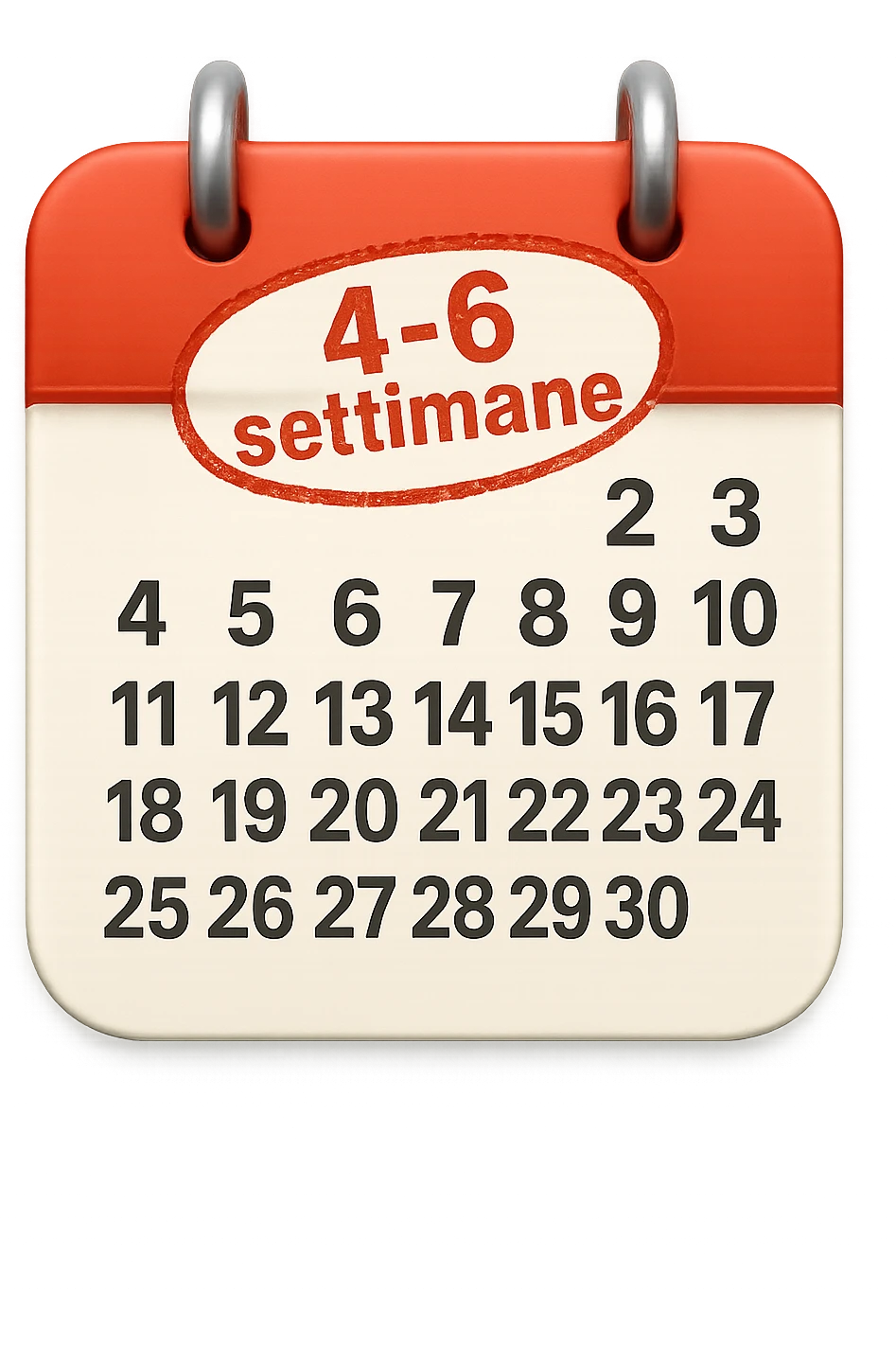 foglio di calendario con le date scritte, con timbro rosso con la scritta "4-6 settimane" sopra, stile emoji iphone, iperrealistico 4k emoji