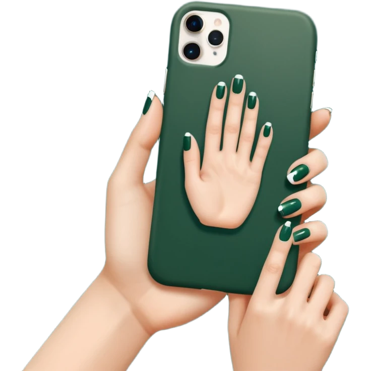 female hand with nude manicure holding a white iPhone in a dark green case, top view, minimalism emoji