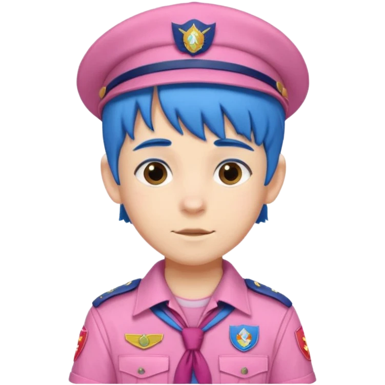 scout boy with very pink scout uniform, blue haired and hat emoji
