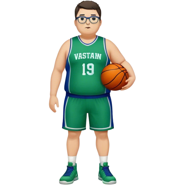 Full Body overweight white male with dark short spike hair basketball player wearing glasses wearing blue green uniform emoji