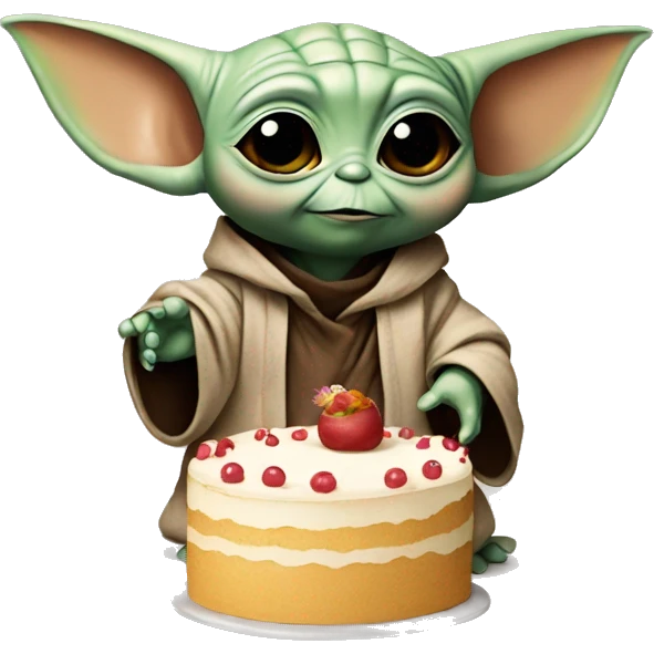 baby yoda holding a cake and a balloon emoji