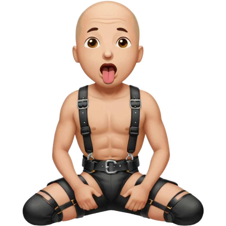 A bald man in a black leather harness on his knees, looking up with his mouth open and his tongue out swallowing piss emoji