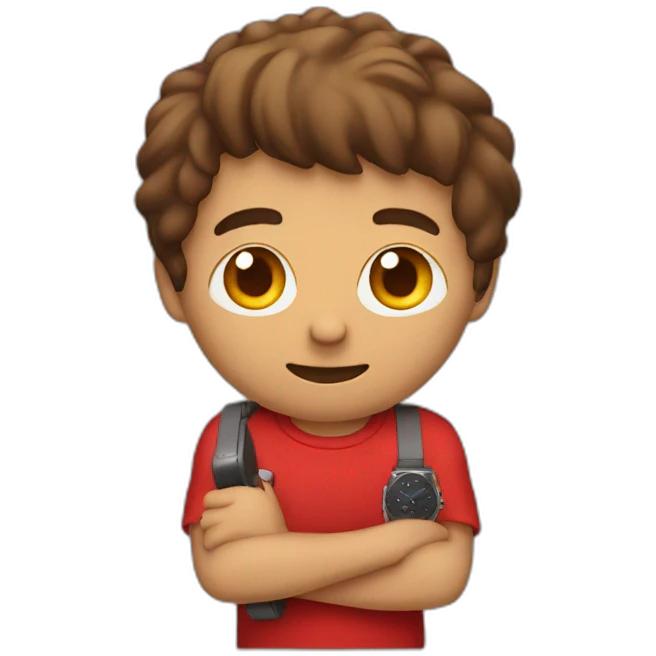 man standing with red t shirt red phone red watch emoji