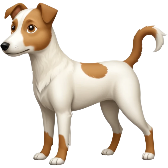 a full body large white parson russell looking dog the size of a kelpie with light brown flapped down ears and a light brown patch on one eye and a large snout emoji