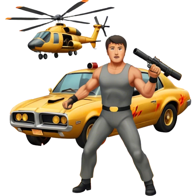 Icon for Action Movie: A vintage movie poster-style design featuring intense action scenes with explosions, weapons, and dramatic poses of Stallone. Include cars and helicopters flying out of flames in the background. Bold typography and retro cinematic style. Transparent background. emoji