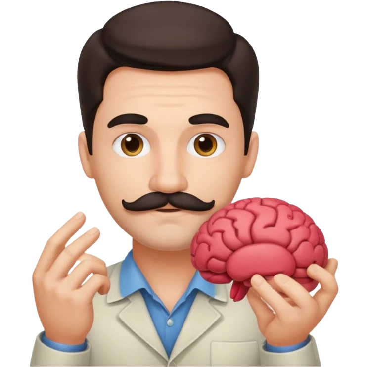attractive man with dark hair and down turned mustache holding a brain as an emoji emoji