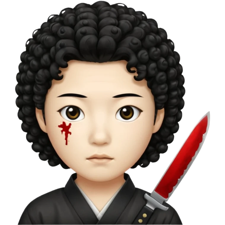 Korean murderer white skin with Asian eyes and holding knife with black Korean perm hair emoji
