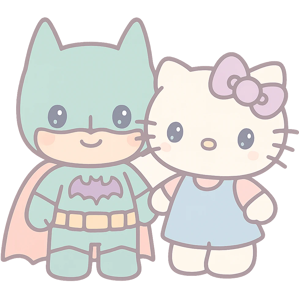 batman and hello kitty together, cute style, playful and charming emoji