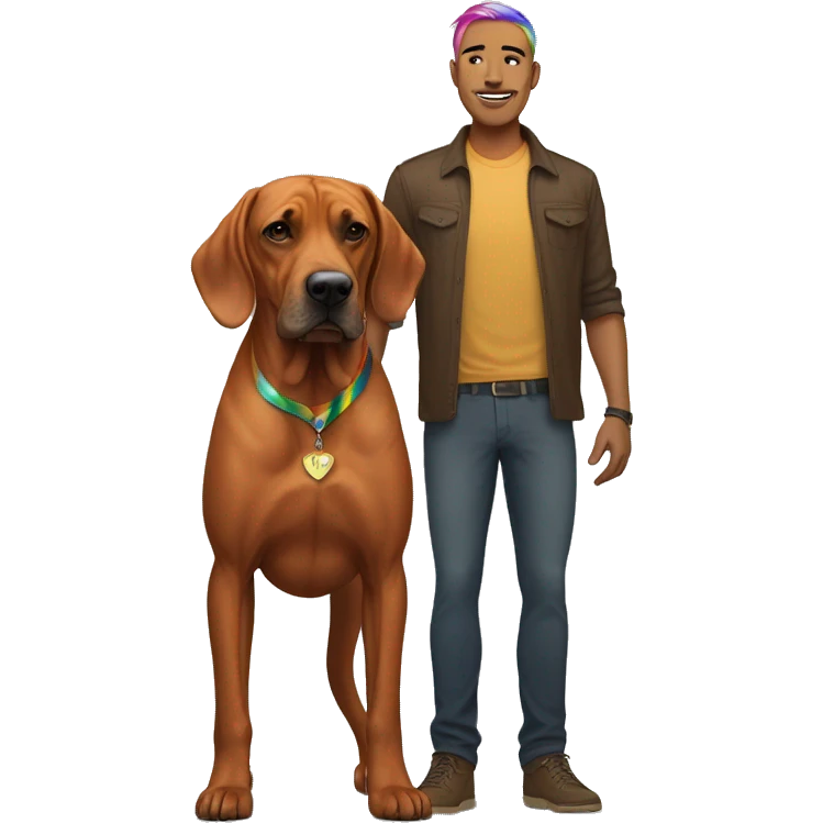 white male with long rainbow colored hair standing alongside a brown rhodesian ridgeback emoji