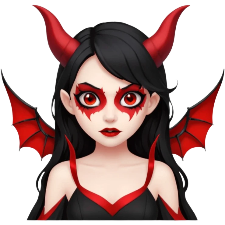 demon girl, skin red , black long hair, small horns, bat wing, black open-back dress, bold black outlines, red+black palette emoji