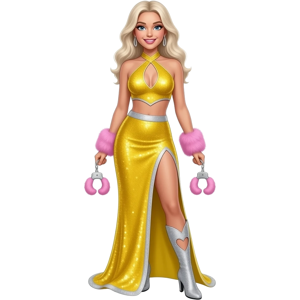 Sabrina Carpenter platinum blonde hair wears a vibrant yellow sequined two-piece set featuring a halter-style crop top with a pointed hem and a matching floor length skirt . edged in silver glitter trim. Silvery glittery rhinestone boots with heart cut out at side. Holding pink furry handcuffs emoji