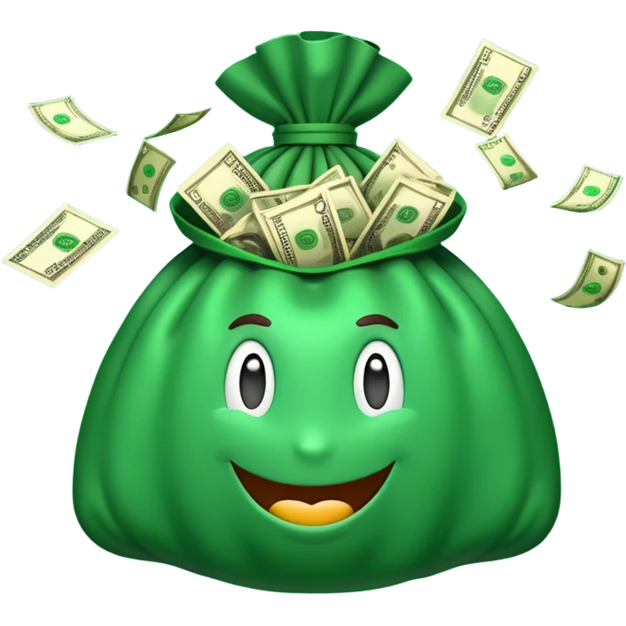 

3D emoji style, big bag of money, flying dollar bills, rich casino vibe, smooth lighting, high detail, clean edges, transparent background



 emoji