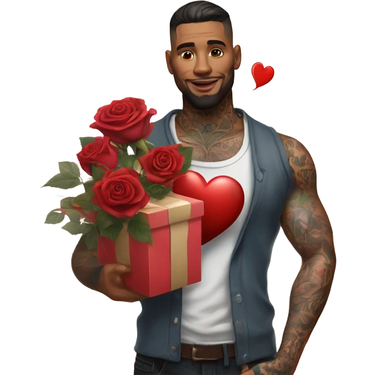 Hyper Realistic handsome tattooed man holding roses and a heart shaped gift box emoji