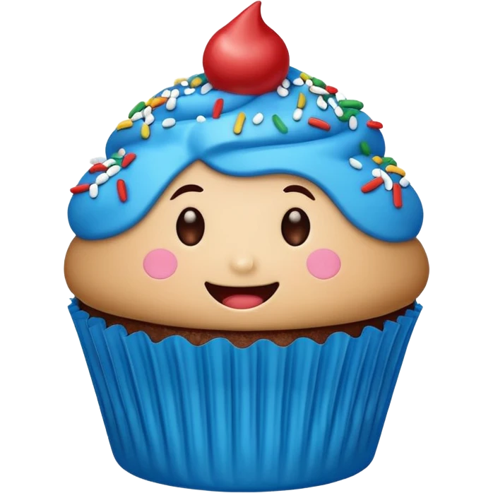 Blue cupcake with a happy face with sprinkles  emoji