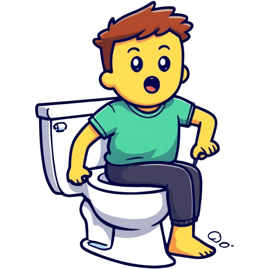 A person with a shocked expression sitting on toilet feeling the splash emoji