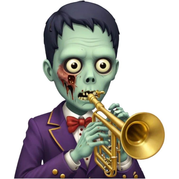 Zombie trumpeter – cracked trumpet, cheeks puffed, eerie parade feel. emoji