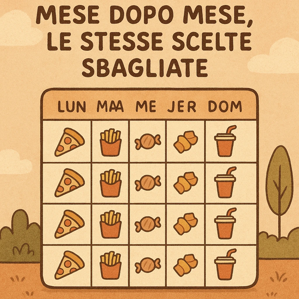Illustrazione didattica: calendario mensile con icone di pizza, patatine, dolci e bibite che si ripetono ogni settimana, testo in italiano: “Mese dopo mese, le stesse scelte sbagliate”. emoji