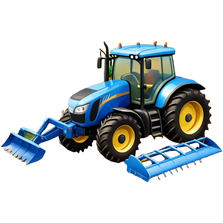 An icon representing a farming simulator, with a detailed tractor with a colorful rural landscape, plowing fields under a bright sky. The design includes farming tools, crops and barns, symbolizing the immersive experience of managing a farm. Transparent background. emoji