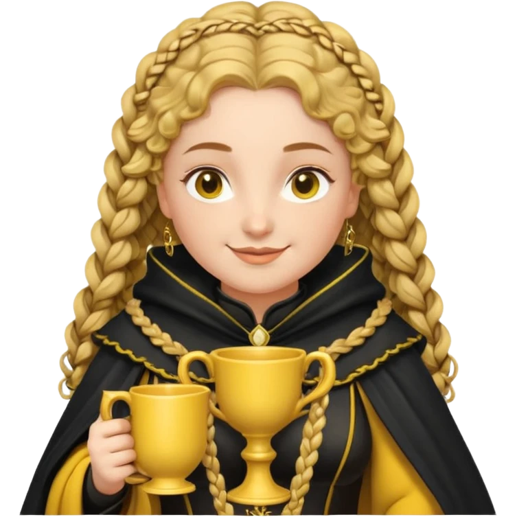 Helga Hufflepuff, 2 curly thick brown braids, yellow-black medieval dress, black cloak decorated with gold braiding, tiny two-handled shiny yellow-gold cup, very kind smile, curvy busty sweet woman, thick rosy cheeks emoji