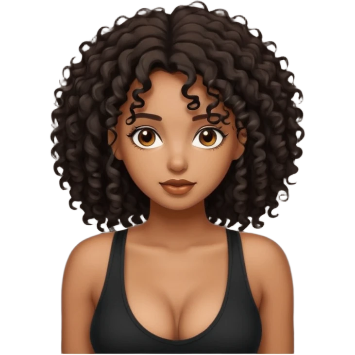 brown skinned lady with curly black hair, shoulder long hair, messy, nice curves, busty, low cut tank top emoji